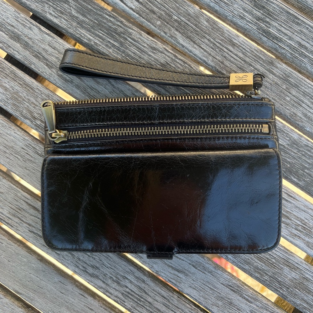 HOBO Black Leather Wristlet with Gold Accents